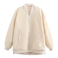 Detail view of cream bomber jacket featuring ribbed collar and functional side zippers - XS / Milky White