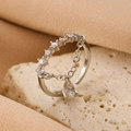 Adjustable silver bow ring with double-layered chain and pear-shaped zircon pendant - Silver Pear Chain Open Ring (S287)
