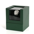 Green leather automatic single watch winder box with clear window and interior black cushion - PU Leather Texture / Green