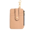 Vertical beige lychee leather card holder with gold snap button and swivel hook hardware - Khaki