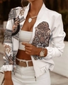 White zip-up jacket with golden leopard print and Greek key pattern on sleeves - S / Tiger Head