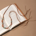 Detail of bohemian handmade woven waist chain with turquoise beads and pink flower tassels - Brown Wax Rope Turquoise Pink Flower (X451-19)