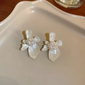 Elegant cream tulip stud earrings with pearl center and iridescent floral finish - Creamy Iridescent Flower (1 Silver Earring Post. White)