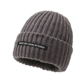 Ribbed knit beanie in charcoal grey featuring a unique brand patch for winter warmth - One Size / Dark Gray