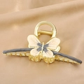 Large golden butterfly hair claw clip with cream and grey textured pattern for women - Grey Butterfly-AY12-1