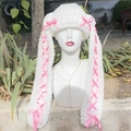 White plush bunny ear Balaclava with pink ribbon bows and cute lace-up knitting design - White Pink Ribbon