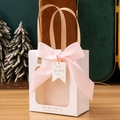 White gift bag with clear window, pink satin bow, and Happy Teacher's Day tag - Beige + Teacher's Day Tag