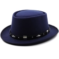 Bombetta classica in lana blu navy con fascia in pelle nera e borchie argentate - M(56-58cm) / Blu navy