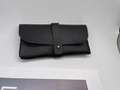Minimalist black lychee texture leather sunglasses pouch with gold metallic stud closure - Black Leather Glasses Case