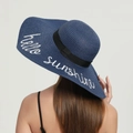 Navy blue wide brim straw sun hat with Hello Sunshine embroidery and black ribbon - One Size / Navy Blue