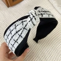 Stylish black and white tweed wide headband with a cross knot design for women - S40 White Tweed Knot Style