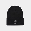 Close-up of white palm tree embroidery on a black ribbed knit beanie for men and women - Palm Tree Embroidery / Black