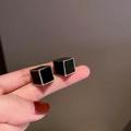 Chic gold-plated heart earrings with black enamel inlay and square stud design - Black 3D Cube