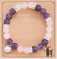 Handmade beaded friendship bracelet with purple stones and heart pendant on gift card - Pink Purple Bracelet + Heart + Card