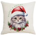 Christmas cat pillowcase featuring a watercolor cat with festive hat and holly wreath - Long-haired Cat & Wreath-Meowy & Bright