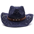 Dark blue woven straw cowboy hat with brown studded leather band for sun protection - M(56-58cm) / Navy Blue