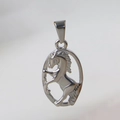 Oval silver stainless steel hollow horse pendant with intricate leaping stallion detail - D04-Horse 2-Steel
