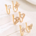 6-piece gold-plated U-shaped faux nose ring set with cubic zirconia heart and butterfly - 6-Piece Set (Star/Heart/Butterfly) / Gold
