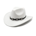Classic white wool felt western cowboy hat with vintage silver conchos on black leather band - M(56-58cm) / White