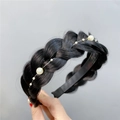 Braided black fishtail hairband with elegant white pearls for high skull top effect - Pearl Style / Natural Black
