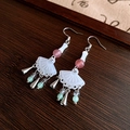 Chinese vintage earring with pink bead and white carved fan pendant on wood background - Earring Hook (94) / Silver-White