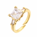 Macro shot of gold-plated ring with square-cut zircon and adjustable opening band - Gold White Square