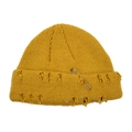 Close-up of distressed ginger yellow beanie with safety pin and metal ring details - Adjustable / Ginger Yellow