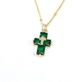 Hip hop style gold chain necklace with double layer green zircon cross pendant for women and men - Green