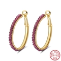 S925 sterling silver gold hoop earrings featuring elegant magenta gemstone fringe - Burgundy Pave Large Hoop - Gold