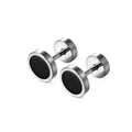 Pair of men's stainless steel dumbbell stud earrings with black round drip oil inlay - Steel Color with Black Oil