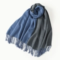 Blue and grey reversible faux rabbit fur scarf with fringe tassels and soft texture - Denim Blue & Gray