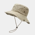 Detail view of khaki canvas sun hat featuring metal eyelets and adjustable chin strap - One Size / Beige