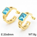 Golden C-shaped stainless steel earrings with rectangular light blue zircon crystal - Gold Light Blue