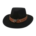 Black faux suede western cowboy hat with brown leather belt and metal bull head skull detail - One Size(Adjustable) / Black