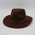 Classic dark brown wide brim wool fedora hat with brown leather band and metal buckle - One Size / Coffee (Yellow Cord Decor)