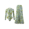 Two-piece long sleeve zipper bikini set with matching floral maxi skirt in green - Green