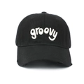 Cappellino da baseball nero in cotone consumato con ricamo groovy e tesa larga - Regolabile / Nero