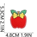 Detailed size view of red apple embroidery patch with yellow bow and green polka dot leaf - No.8 (Red Apple with Bow)