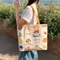 Off-white canvas tote bag with cute cartoon prints and bright yellow straps for women - Enjoy Life