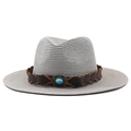 Detail of gray straw fedora hat with turquoise gemstone and vintage leather band - M (56-58cm) / Gray