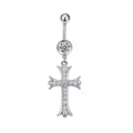 Detail of silver belly ring with cross pendant and sparkling pavé crystal accents - Full Drill Cross Dangle Style (BR3122801) / Silver