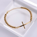 Gold beaded titanium steel cross bracelet with adjustable chain and lobster clasp - Gold Beaded Cross Style