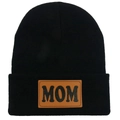 Bonnet en tricot noir avec patch MOM en cuir marron pour femme, cadeau ski d'hiver - Adulte Élastique / MOM-Noir