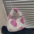 Pink and white cow print plush handbag with soft faux fur texture and single handle - Heart-shaped Pink // Great Deal