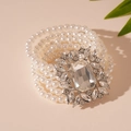 Detail of multi-layer pearl bracelet featuring a vintage crystal rectangle centerpiece - Silver Rhinestone Multi-Layer Pearl Bracelet