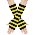 Detail of black and yellow striped knitted arm warmers on hands with fingerless design - One Size / Yellow & Black Stripes