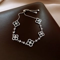 Elegante pulsera de plata con cinco tréboles de circonia y cierre ajustable deslizante - Plata-Negro (Estilo Trébol de Cinco Flores)