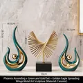 Three-piece modern emerald green and gold ceramic abstract phoenix statues and iron art decor - Phoenix Flight Green Gold Set With Golden Eagle Iron Art Ornament