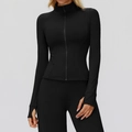 Women's black thermal fleece yoga set with stand collar zipper jacket and thumbholes - S / Tops / Premium Black