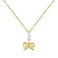 Elegante goldene Schleifen-Halskette mit Perlenanhänger für Damen auf weißem Grund - Perle Schleife Halskette / Gold